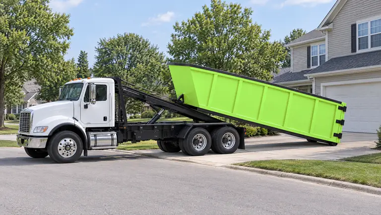 Illustration: a roll-off truck setting a dumpster on a home driveway