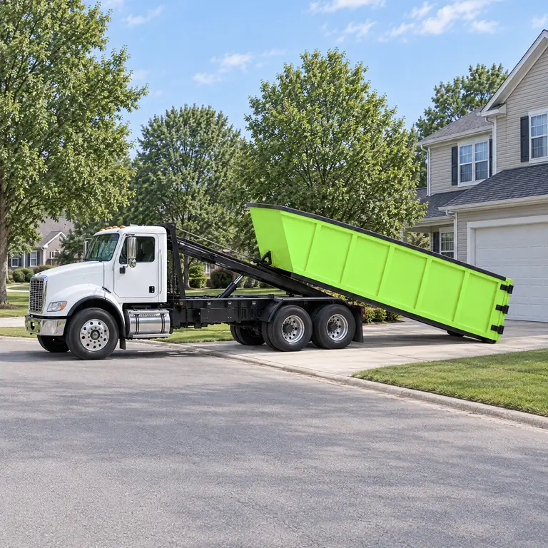 Illustration: a roll-off truck setting a dumpster on a home driveway